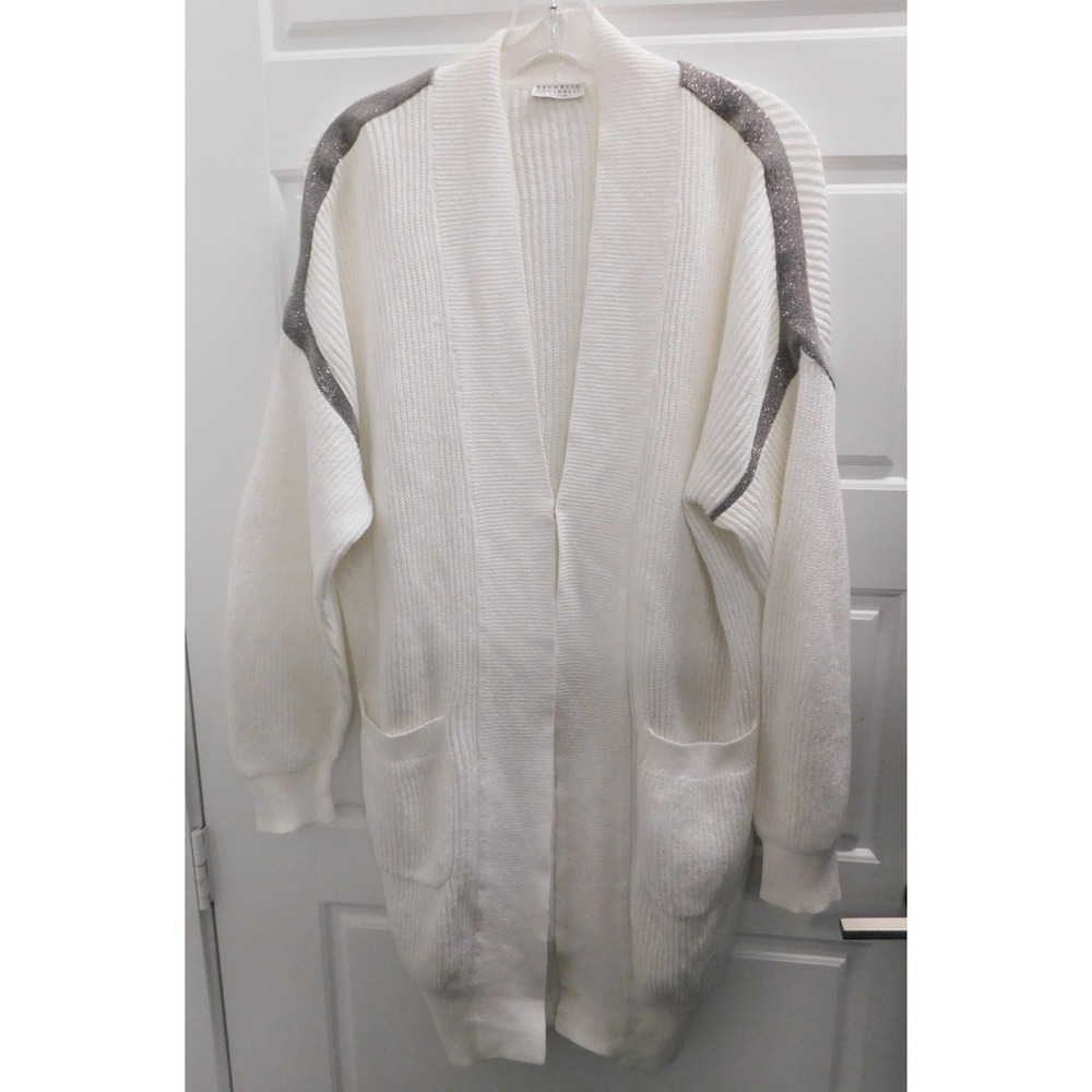 BRUNELLO CUCINELLI White Cotton Sweater Coat Jacket Silver Beaded Italy sz S
